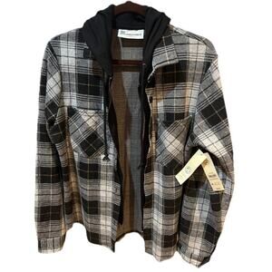 NWT No Boundaries Hoodie Womens Black/White Plaid Long Sleeve Shirt Size LRG